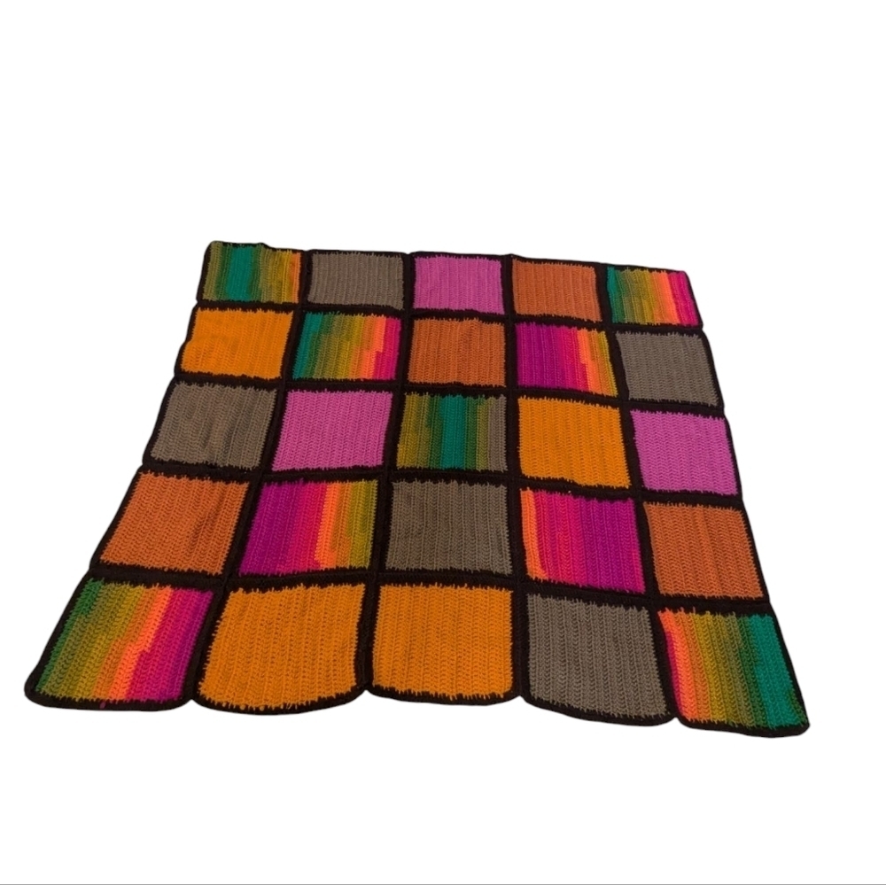Rainbow Afghan Blanket Throw Handmade Squares Pink Orange Green Yellow 40x48"